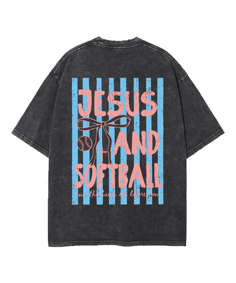 Jesus And Softball Double Sided Unisex Washed Christian T-shirt