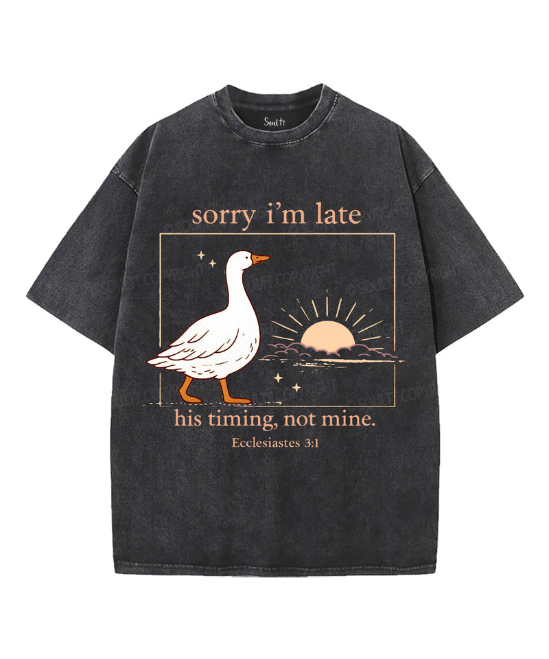 Sorry I'm Late His Timing Not Mine Unisex Washed Christian T-shirt