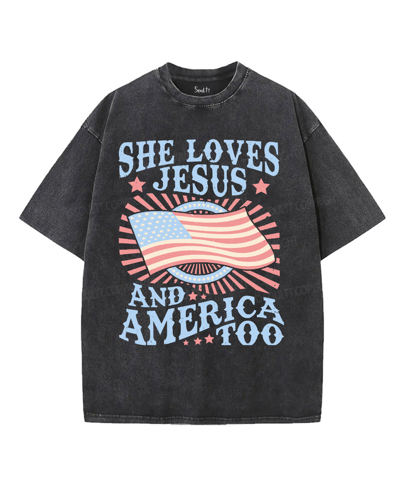 She Loves Jesus And America Too Unisex Washed Christian T-shirt