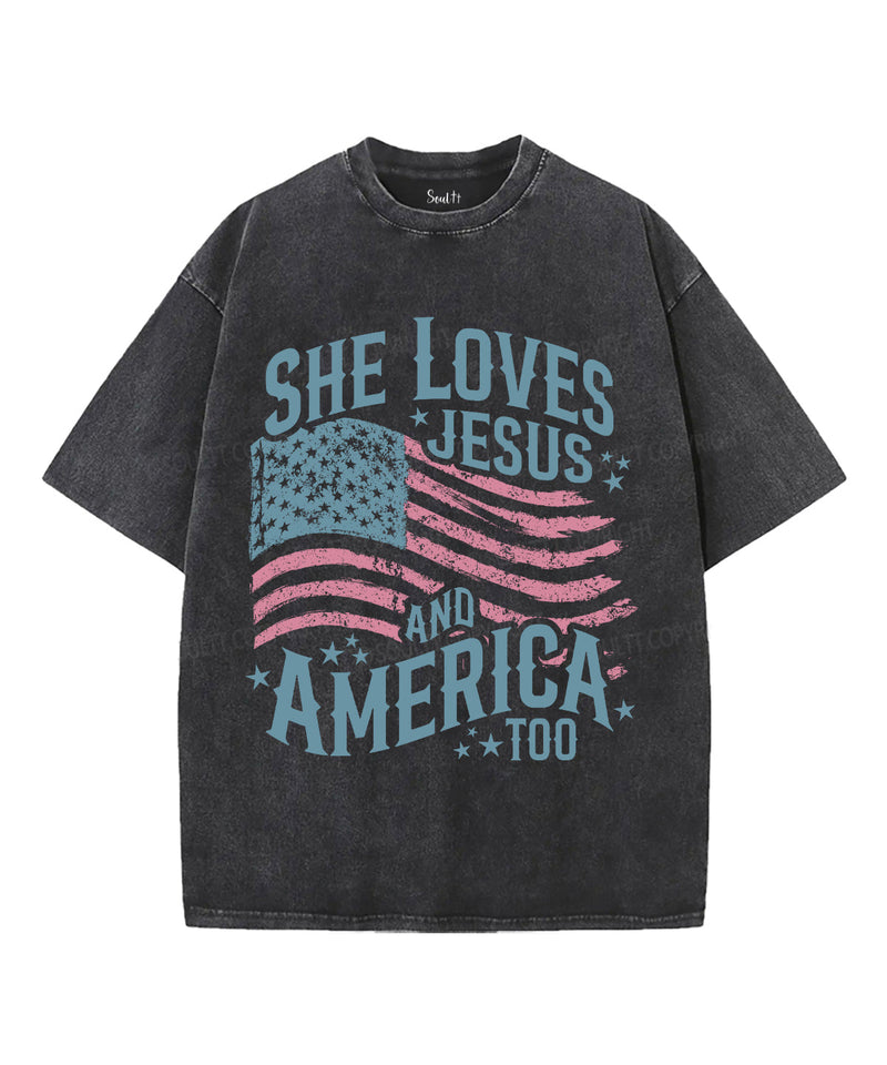 She Loves Jesus And America Unisex Washed Christian T-shirt