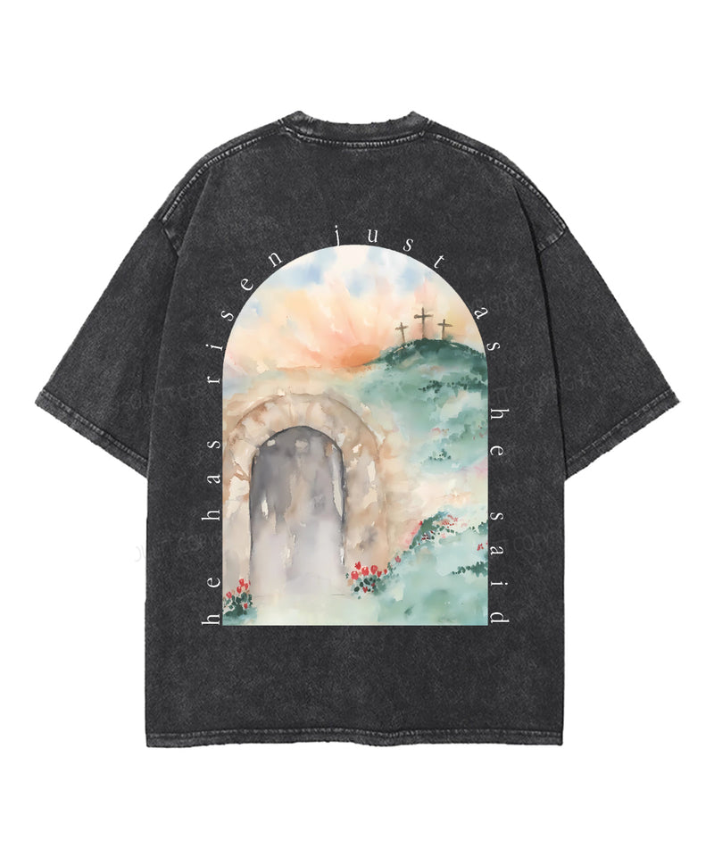 He Has Risen Double Sided Unisex Washed Christian T-shirt